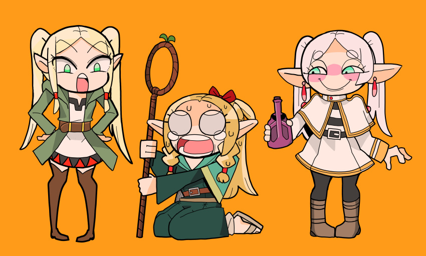 3girls, absurdres, belt, blonde_hair, blue_capelet, blue_robe, bow, braid