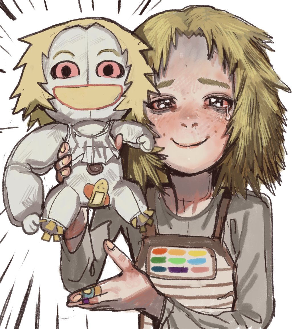 1girl, asymmetrical_arms, bandaid, black_sclera, blonde_hair, bloodshot_eyes, blush, c:, character_doll, colored_sclera, coomer_(meme), coomer_(mossacannibalis), crying, crying_with_eyes_open, doll, freckles, hugging_doll, hugging_object, meme, messy_hair, mossacannibalis, original, red_eyes, shirt, short_hair, simple_background, smile, stuffed_toy, tears, white_background