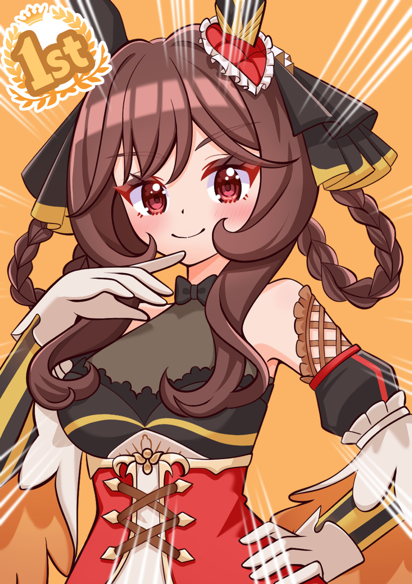 1girl, absurdres, animal_ears, bare_shoulders, blush, braid, braided_hair_rings, breasts, brown_hair, closed_mouth, corset, detached_sleeves, dress, ear_covers, ear_ornament, emphasis_lines, gentildonna_(regina_dei_fiori)_(umamusume), gentildonna_(umamusume), gloves, hair_between_eyes, hair_ornament, hair_rings, hand_on_own_hip, heart-shaped_ornament, heart_ear_ornament, highres, horse_ears, horse_girl, large_breasts, long_hair, looking_at_viewer, lycheetako, red_corset, red_eyes, see-through_cleavage, see-through_clothes, smile, solo, umamusume, white_gloves