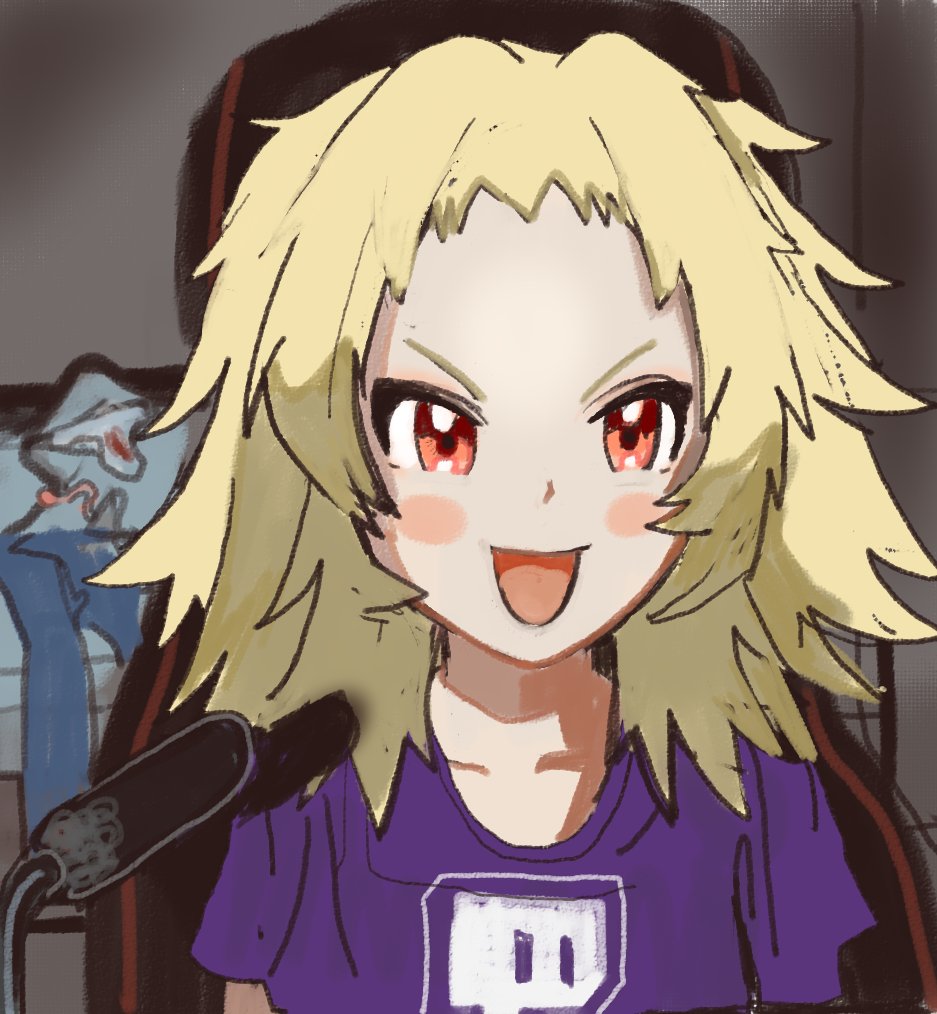 1girl, :d, blonde_hair, blood, blood_on_clothes, blurry, blurry_background, blush