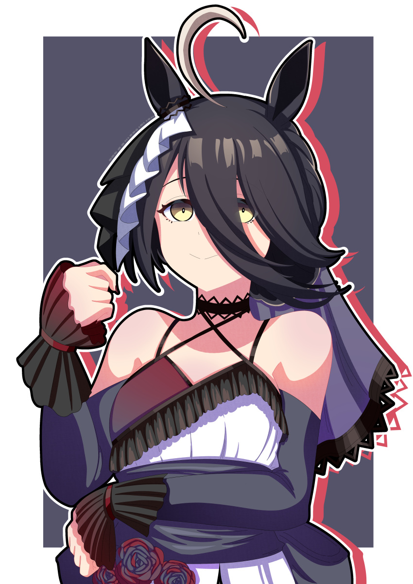1girl, absurdres, ahoge, animal_ears, bare_shoulders, black_flower, black_hair, black_rose