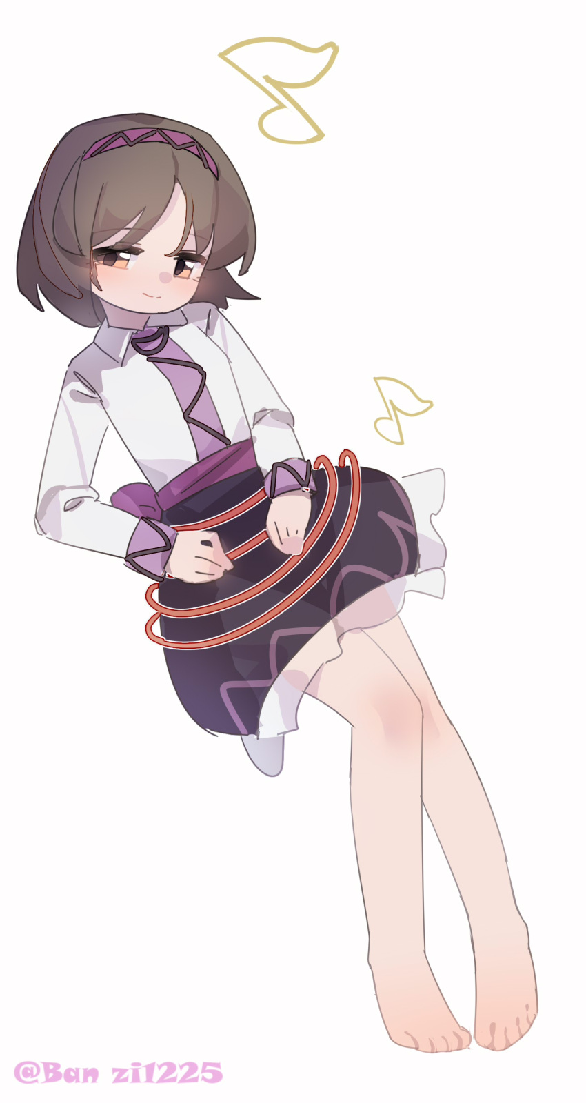 1girl, absurdres, barefoot, black_skirt, brown_hair, closed_mouth, collared_shirt, commentary, frilled_skirt, frills, gumingdi_ban, hairband, highres, long_sleeves, looking_at_viewer, musical_note, orange_eyes, purple_hairband, shirt, short_hair, simple_background, skirt, smile, solo, toes, touhou, tsukumo_yatsuhashi, twitter_username, white_background, white_shirt