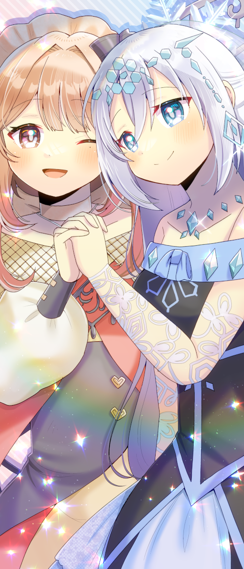 2girls, :d, ;d, aromalilith_magnolia, bare_shoulders, black_dress, blue_eyes, brown_eyes, brown_hair, closed_mouth, collarbone, commentary_request, commission, diagonal-striped_background, dress, duel_monster, grey_hair, holding_hands, interlocked_fingers, kou_hiyoyo, long_hair, long_sleeves, multiple_girls, off-shoulder_dress, off_shoulder, one_eye_closed, puffy_long_sleeves, puffy_sleeves, skeb_commission, smile, striped_background, teardrop_the_rikka_queen, textless_version, yu-gi-oh!