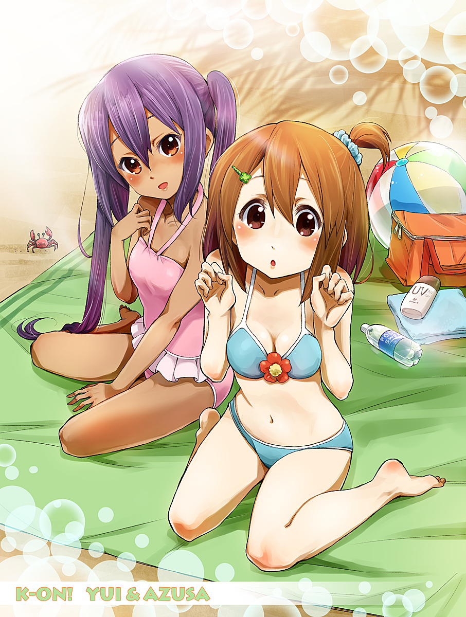 ball, barefoot, beachball, bikini, black_hair, blue_bikini, blush, bottle