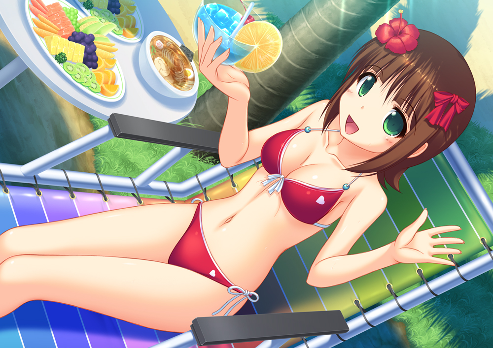 bikini, bow, breasts, brown_hair, cleavage, drink, dutch_angle, flower