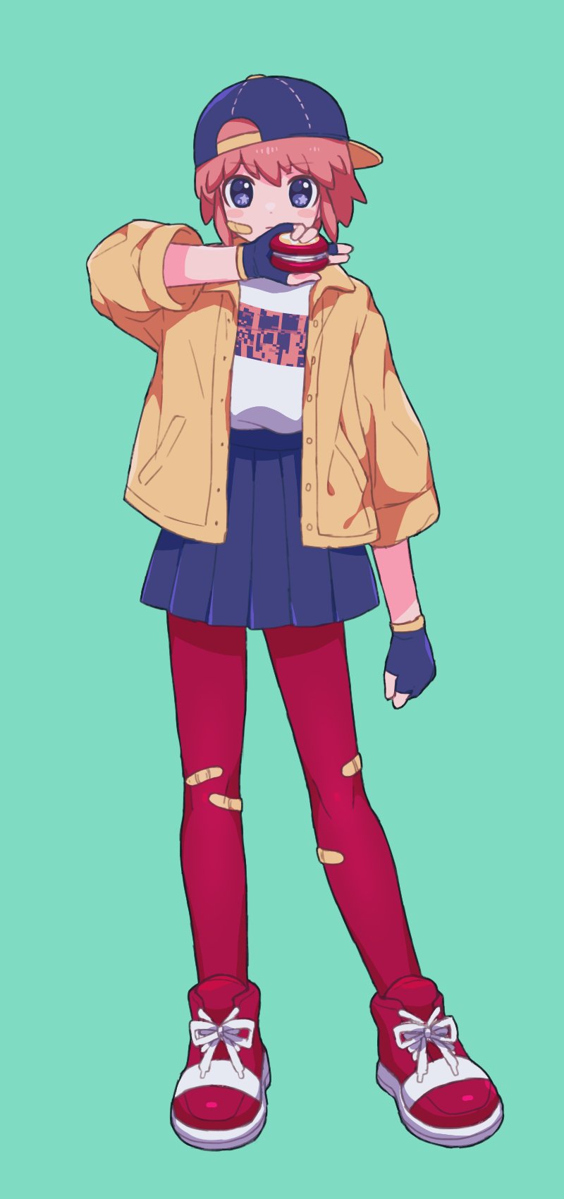 1girl, arm_up, backwards_hat, bandaid, bandaid_on_cheek, bandaid_on_face, bandaid_on_knee, bandaid_on_leg