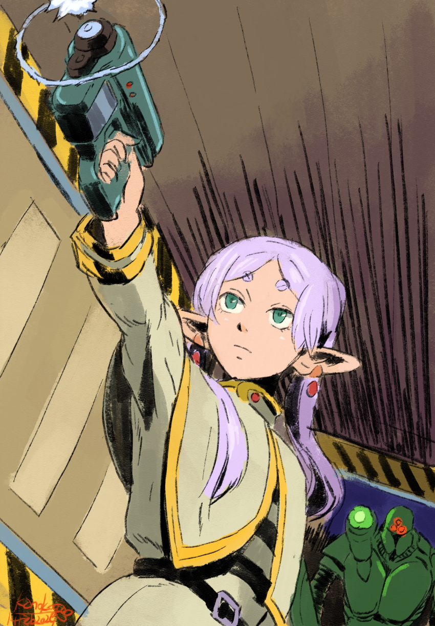 1girl, aiming, aiming_at_another, alien, armor, belt, black_belt, black_shirt, capelet, closed_mouth, commentary, crossover, dated, dutch_angle, earrings, east-west_crossover, elf, energy_weapon, english_commentary, extra_eyes, firing, floating_earrings, frieren, from_below, gem, gold_trim, green_armor, gun, handgun, high_collar, highres, holding, holding_gun, holding_weapon, hunter_(marathon), indoors, jewelry, kanokoga, light_frown, long_hair, long_pointy_ears, long_sleeves, looking_to_the_side, marathon_(1994), marathon_(series), muzzle_flash, outstretched_arm, parted_bangs, pink_hair, pointy_ears, red_gem, serious, shirt, shoulder_cannon, signature, sketch, skirt, skirt_set, sousou_no_frieren, story_in_commentary, striped_clothes, striped_shirt, teardrop_earrings, turning_head, twintails, upper_body, weapon, white_capelet, white_shirt, white_skirt
