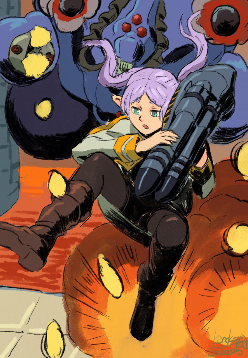 alien, aqua_eyes, battle, black_leggings, boots, brown_boots, commentary, dated