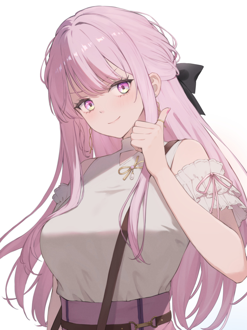 1girl, blush, bow, breasts, commentary_request, dress, earrings, hair_bow