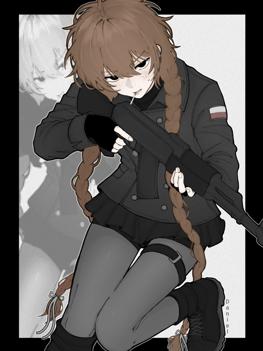 1boy, black_border, boots, border, braid, character_name, cigarette, coat, daniel_(slavcorpz), fingerless_gloves, gloves, gun, highres, holding, holding_gun, holding_weapon, long_hair, original, polish_flag, scar, scar_on_face, skirt, slavcorpz, tagme, trap, trench_coat, twin_braids, unlit_cigarette_in_mouth, weapon