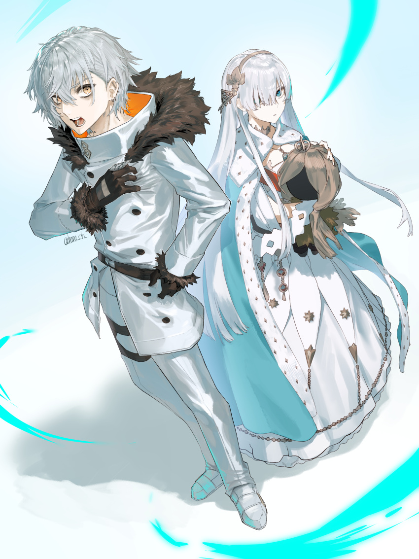 1boy, 1girl, absurdres, anastasia_(fate), aqua_cape, barbell_piercing, black_gloves, blue_eyes