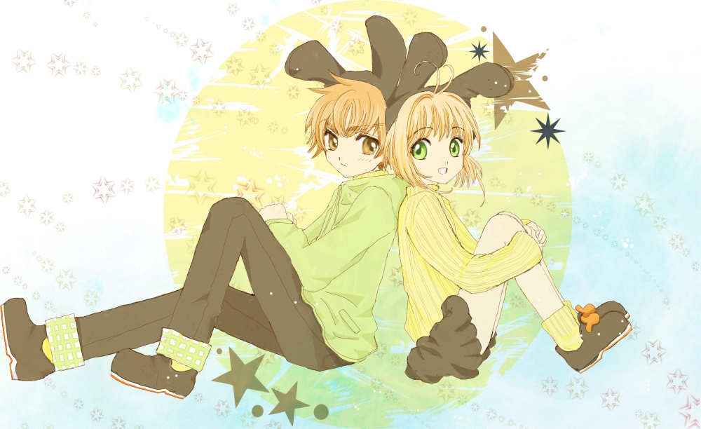 1234suzuran, animal_ears, back-to-back, brown_eyes, brown_hair, bunny_ears, card_captor_sakura, cardcaptor_sakura, child, choko_(cosi_cosi), closed_eyes, eyes_closed, hat, kinomoto_sakura, li_syaoran, li_xiaolang, male, moon, short_hair