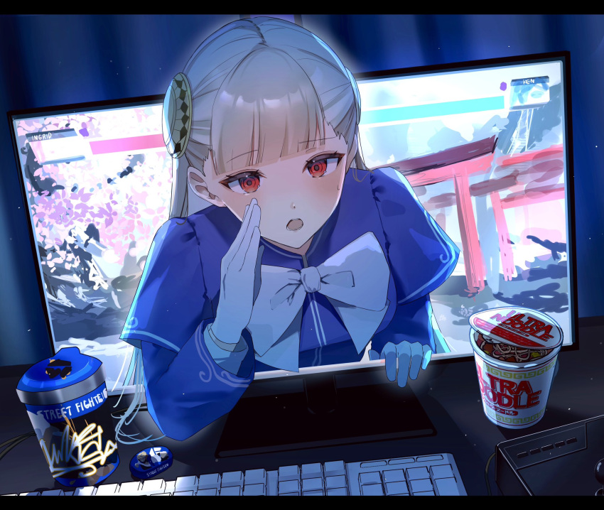 1girl, 1ja_y, bow, bowtie, center-flap_bangs, commentary_request, computer_keyboard, fourth_wall