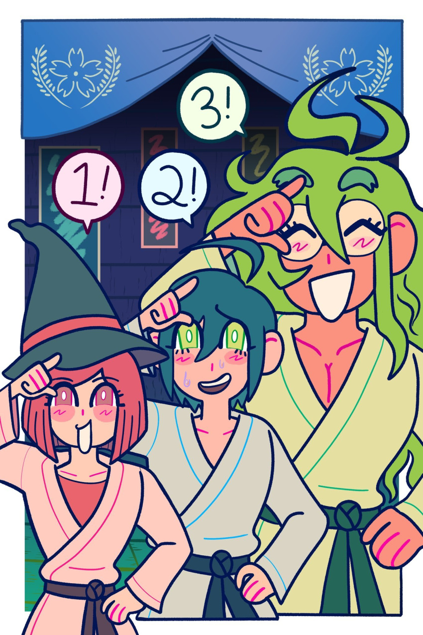 1girl, 2boys, ahoge, alternate_costume, babirousa, blue_hair, blush, brown_eyes, closed_eyes, commentary, danganronpa_(series), danganronpa_v3:_killing_harmony, english_commentary, glasses, gokuhara_gonta, green_eyes, green_hair, hat, height_difference, highres, long_hair, multiple_boys, red_eyes, saihara_shuichi, yumeno_himiko