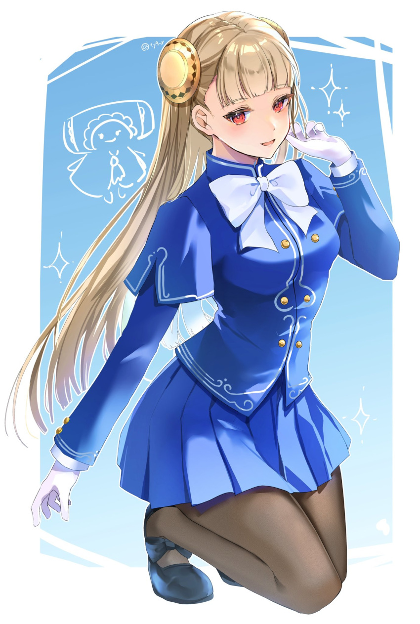1girl, 1ja_y, black_shoes, blonde_hair, blue_skirt, bow, bowtie, breasts, brown_pantyhose, capcom_fighting_jam, commentary_request, full_body, gloves, hairpods, hand_up, highres, ingrid_(capcom), long_hair, long_sleeves, looking_at_viewer, medium_breasts, monoid_(street_fighter), open_mouth, pantyhose, pleated_skirt, red_eyes, shoes, skirt, smile, solo, street_fighter, street_fighter_6, tiptoes, white_bow, white_bowtie, white_gloves
