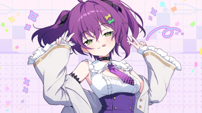 1girl, ahoge, artist_request, black_bow, black_collar, bow, cleavage_cutout, closed_mouth, clothing_cutout, collar, double_v, game_asset, green_eyes, grey_jacket, hair_between_eyes, hair_bow, hair_ornament, high-waist_skirt, jacket, jacket_partially_removed, kuchiba_rami, looking_at_viewer, muv-luv, muv-luv_girls_garden, necktie, official_art, purple_hair, purple_necktie, purple_skirt, shirt, skirt, sleeveless, sleeveless_shirt, solo, third-party_source, tongue, tongue_out, twintails, upper_body, v, white_shirt