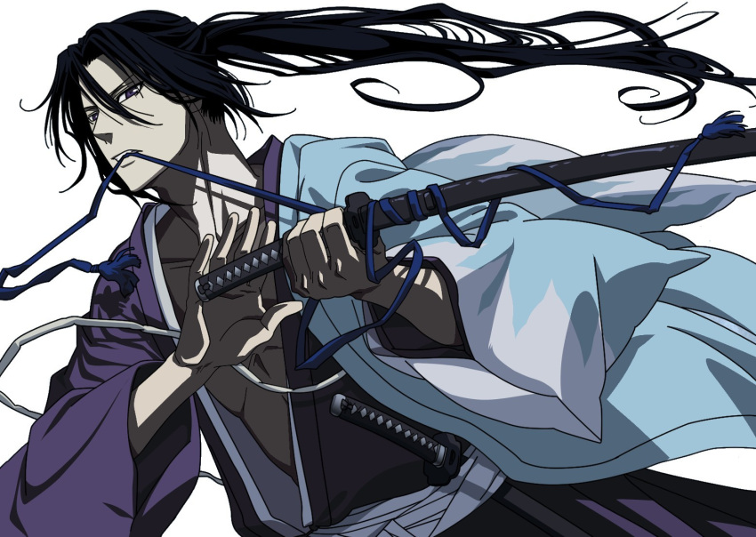 fuun_shinsengumi, highres, hijikata_toshizou, kyouka0001, long_hair, mouth_hold, simple_background, sword, weapon