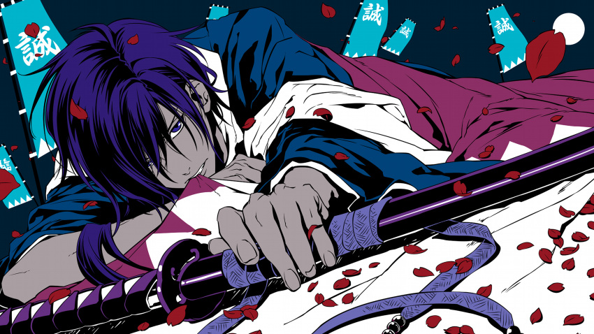 highres, kyouka0001, on_stomach, petals, saitou_hajime_(hakuouki), short_hair, sword, weapon