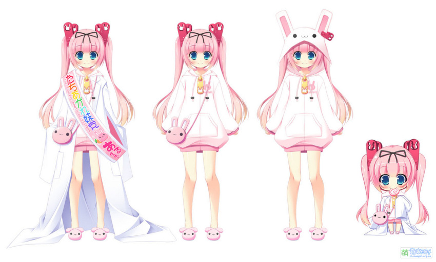 animal_bag, animal_hood, animal_print, animal_slippers, black_ribbon, blue_eyes, bunny_slippers, chibi