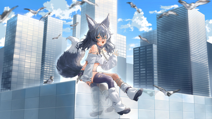 1girl, animal_ears, bird, blue_eyes, bone_hair_ornament, building, chain, city, clouds, collar, commentary, dog_ears, dog_girl, dog_tail, english_commentary, full_body, glasses, grey_hair, hair_ornament, hairclip, highres, indie_virtual_youtuber, medium_hair, midriff, mila_(milaart12), open_mouth, panty_straps, rorii, round_eyewear, short_shorts, shorts, sitting, sky, skyscraper, smile, sweater, tail, tan, thigh-highs, virtual_youtuber, waving