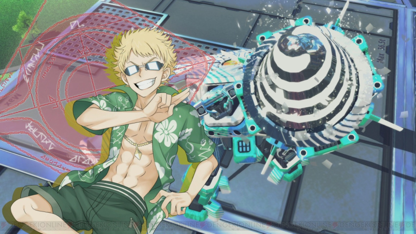 1boy, 3d, 3d_background, abs, bare_arms, blonde_hair, building, chain, closed_mouth, collarbone, collared_shirt, commentary, cowboy_shot, dengeki_online, dordray, drill, drill_hand, floral_print, foot_out_of_frame, game_screenshot_background, gold_chain, green_shirt, grin, haimura_kiyotaka, hand_up, hawaiian_shirt, jewelry, looking_at_viewer, magic_circle, male_focus, mecha, navel, necklace, official_art, open_clothes, open_shirt, outdoors, robot, screenshot_background, shirt, short_hair, short_sleeves, smile, spiky_hair, sunglasses, toaru_majutsu_no_index, toaru_majutsu_no_virtual-on, toned, toned_male, tree, tsuchimikado_motoharu, v-shaped_eyebrows, virtual_on