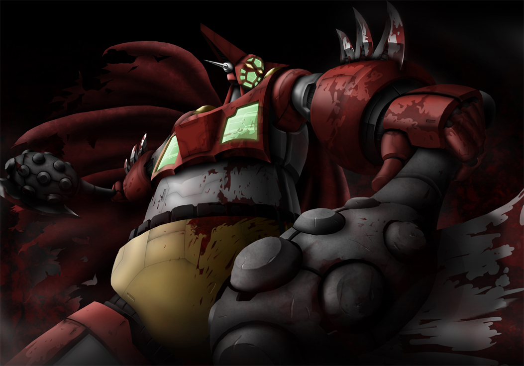 arm_blade, axe, blade, blood, blood_stain, cape, dual_wielding, getter-1, getter_robo, mecha, no_humans, oldschool, solo, super_robot, tect, torn_clothes, weapon