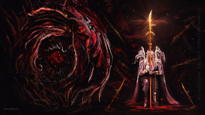 1girl, armor, blood, body_horror, clothing_cutout, colored_skin, commission, covered_eyes