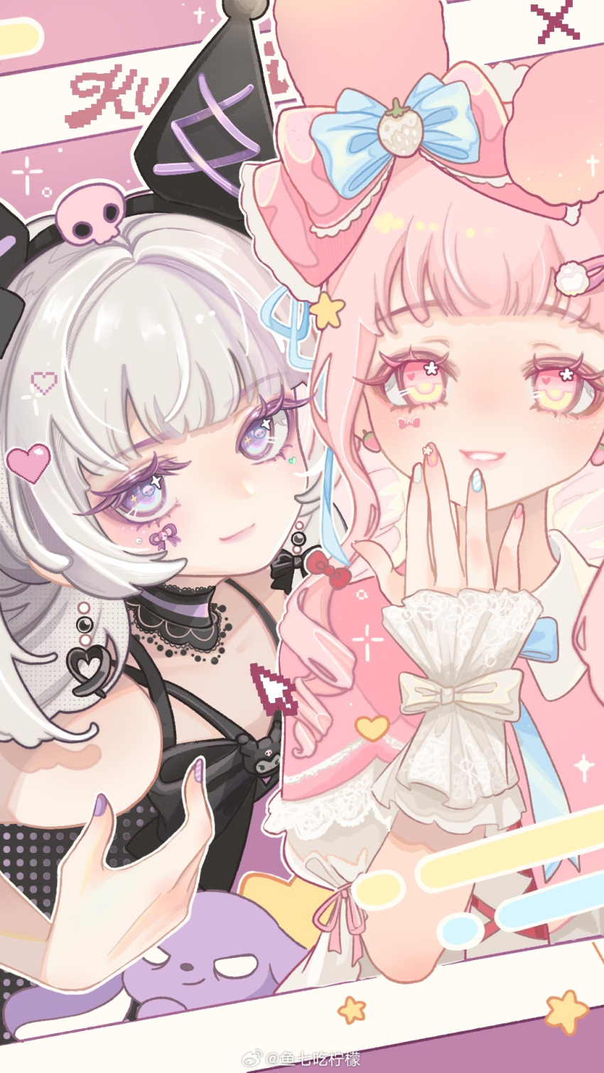 2girls, animal_ear_hairband, animal_ears, aqua_nails, bead_necklace, beads, black_bow, black_hairband