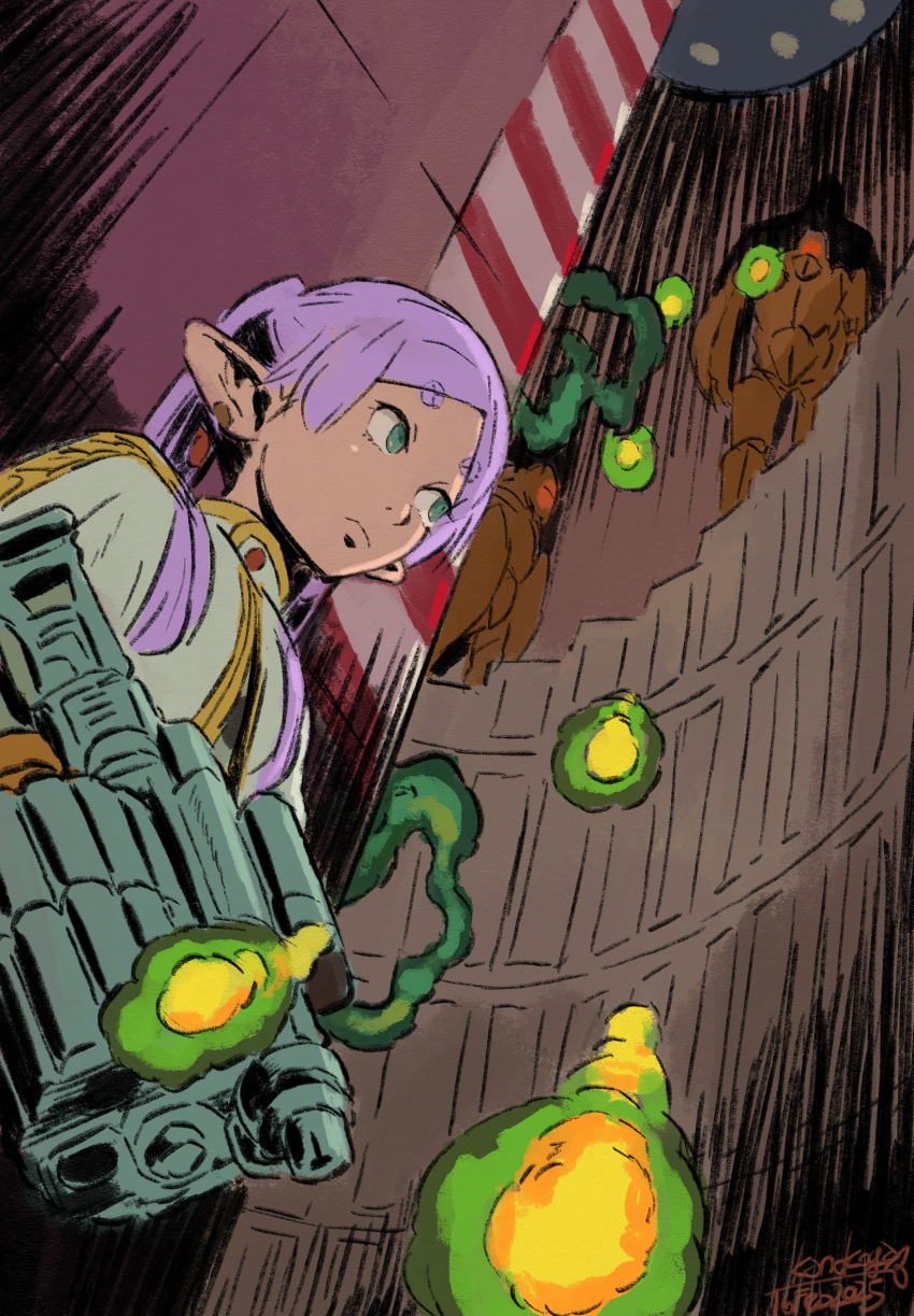 1girl, alien, aqua_eyes, around_corner, assault_rifle, backlighting, battle, brown_armor