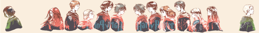 black_hair, blonde_hair, draco_malfoy, ff_gradient, ginny_weasley, glasses, gradient, harry_james_potter, harry_potter, hermione_granger, highres, james_potter, lily_evans, luna_lovegood, neville_longbottom, orange_hair, peter_pettigrew, red_hair, redhead, remus_john_lupin, robe, ron_weasley, severus_snape, sirius_black, ugokerutotoro