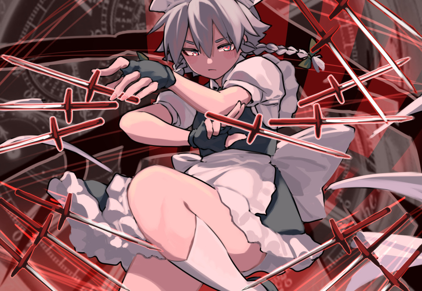 1girl, apron, arms_across_body, back_bow, blue_skirt, blue_vest, bow, braid