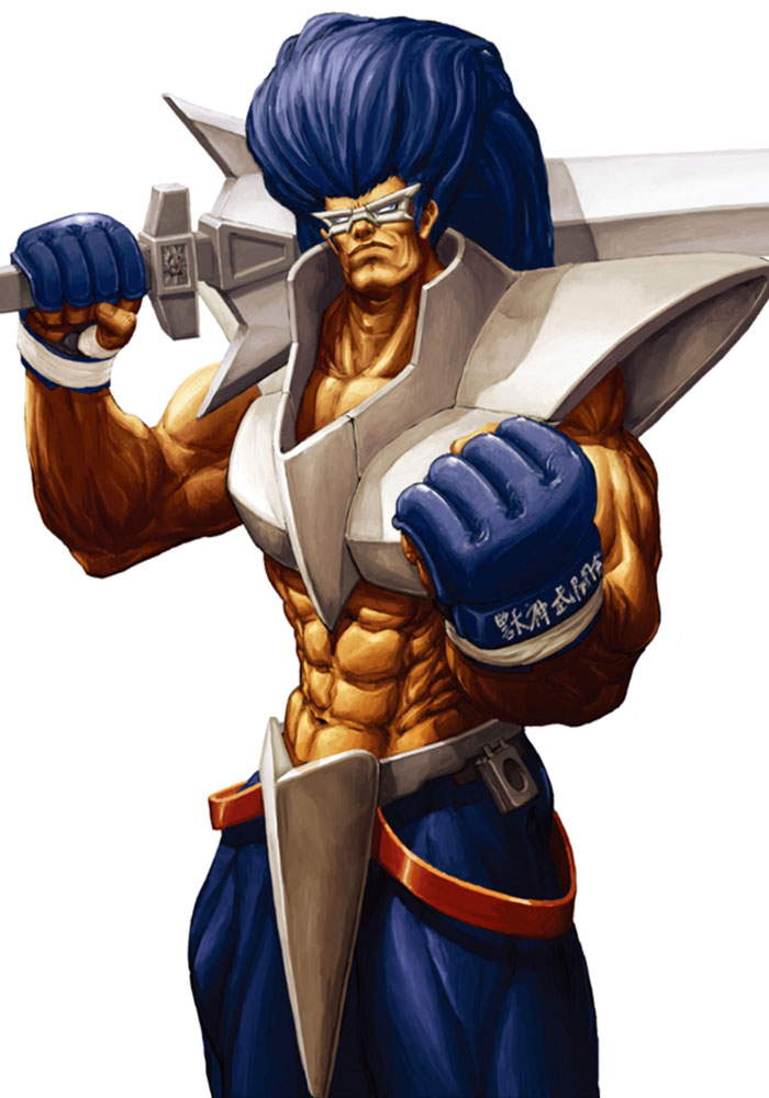 1boy, abs, armor, belt, big_hair, blue_eyes, blue_hair, blue_pants