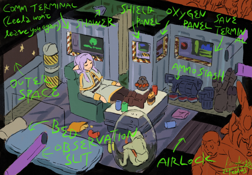 1boy, 1girl, alcohol, alien, ammunition, armchair, bag_of_chips, bed