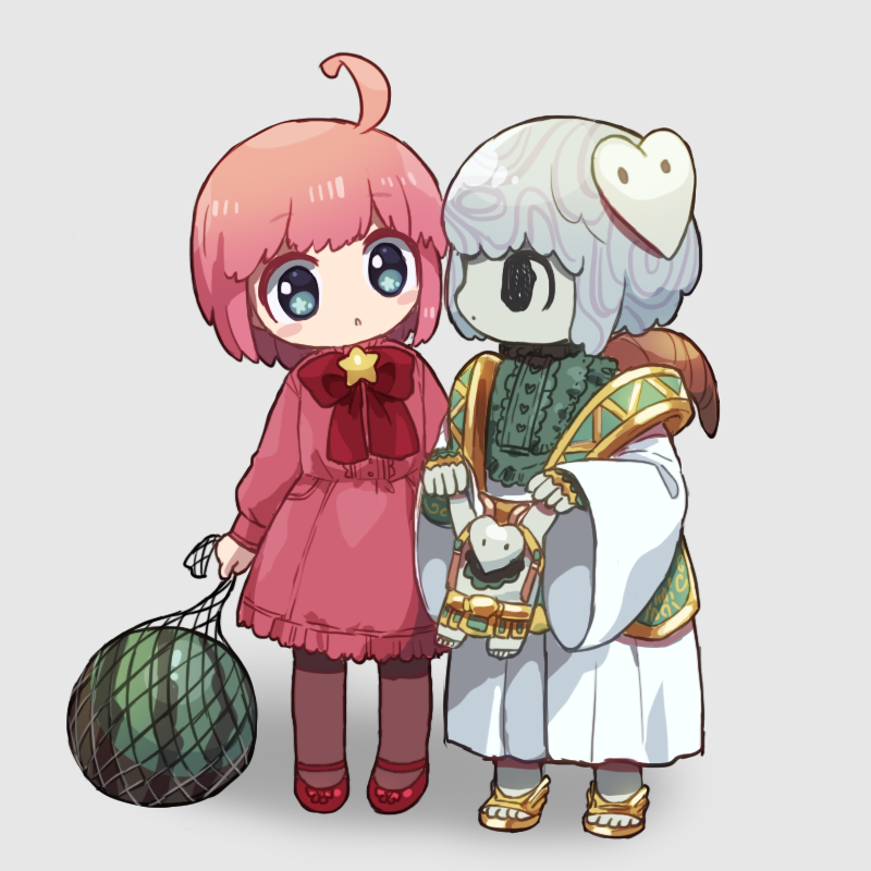 2girls, :o, bib_collar, black_eyes, bow, bowtie, character_doll, child