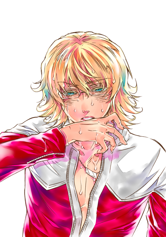 aqua_eyes, barnaby_brooks_jr, blonde_hair, glasses, jacket, jewelry, male, mitsuka-0721, necklace, red_jacket, simple_background, solo, sweat, tiger_&amp;_bunny, white_background, wiping_sweat