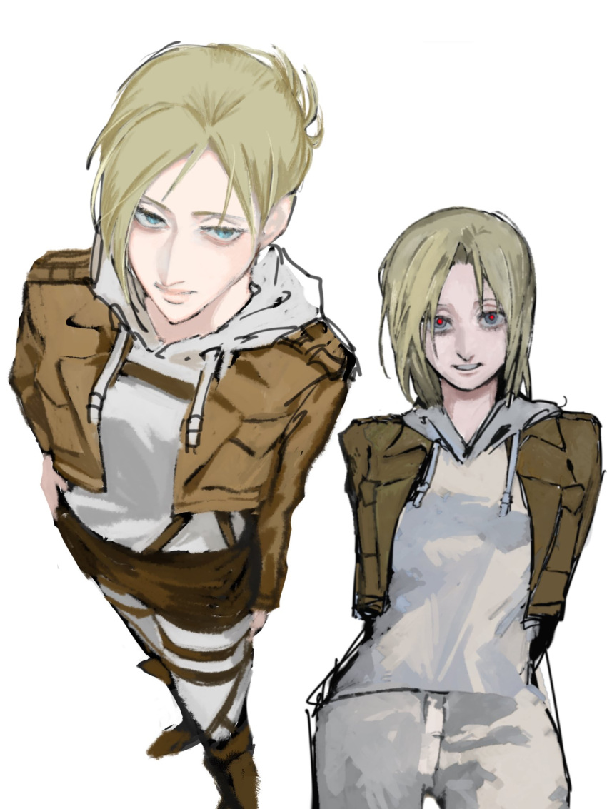 1girl, alternate_costume, annie_leonhart, blonde_hair, breasts, brown_jacket, commentary_request, crossed_arms
