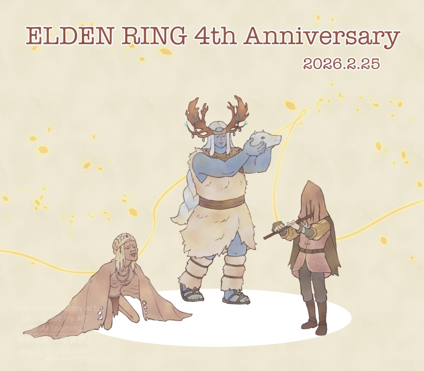 ancestral_follower, animal_skull, anniversary, antlers, belt, blue_skin, boots, braid, chatsumi8888, colored_skin, commentary_request, copyright_name, dated, elden_ring, english_text, falling_leaves, full_body, fur_trim, highres, hood_over_eyes, horns, instrument, leaf, monster, page_(elden_ring), playing_instrument, sandals, simple_background, skull, standing, tunic, very_long_braid, watermark, white_hair, yellow_leaves