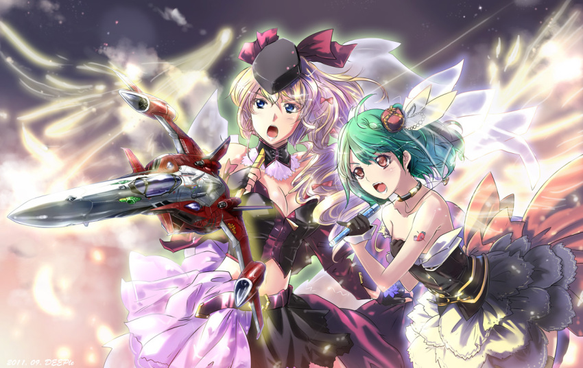 breasts, cloud, deeple, dress, epic, flying, gloves, green_hair