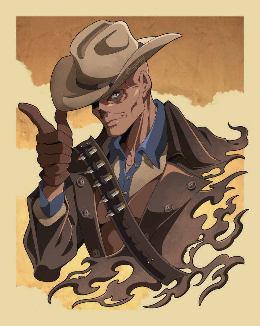 1boy, artist_name, bandolier, belt, brown_gloves, bullet, cheekbones, commentary