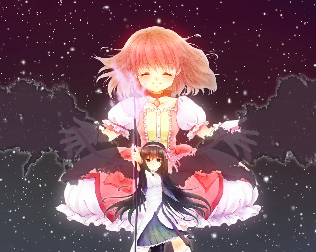 akemi_homura, argyle, argyle_legwear, arrow, black_hair, black_legwear, bow_(weapon), choker, closed_eyes, eyes_closed, gloves, hair_down, hair_ribbon, hairband, kaname_madoka, long_hair, magical_girl, mahou_shoujo_madoka_magica, multiple_girls, night, night_sky, pantyhose, pink_hair, pleated_skirt, puffy_sleeves, purple_eyes, ribbon, semimaru, skirt, sky, spoilers, violet_eyes, weapon, white_gloves, wings