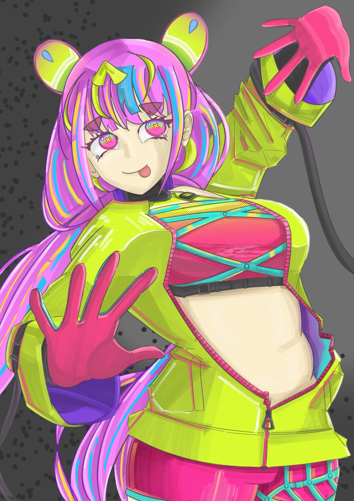 1girl, commentary, crop_top, english_commentary, girls'_frontline_neural_cloud, girls_frontline, gloves, highres, jacket, linlee134, long_hair, midriff, pink_eyes, pink_gloves, pink_hair, puzzle_(neural_cloud), tongue, tongue_out