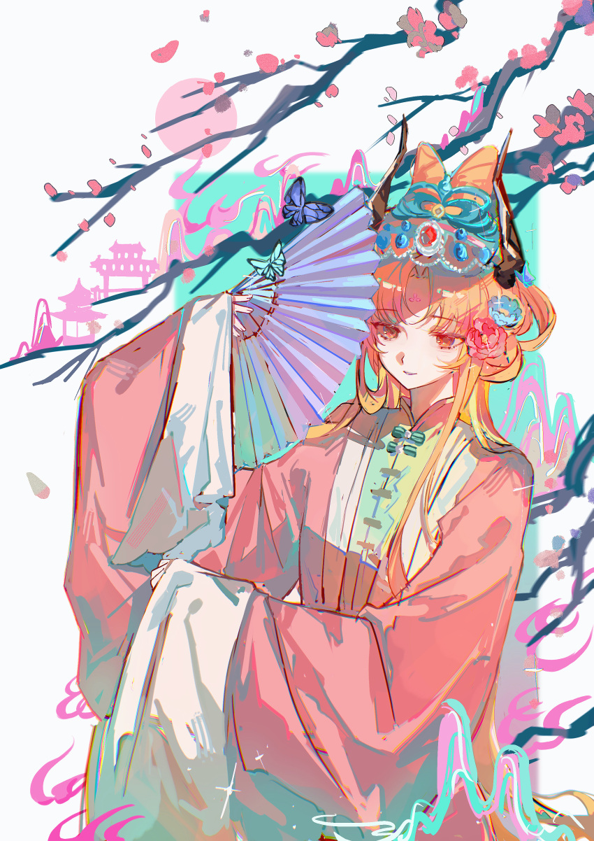 1girl, absurdres, arknights, blonde_hair, branch, chinese_clothes, chinese_commentary, commentary_request