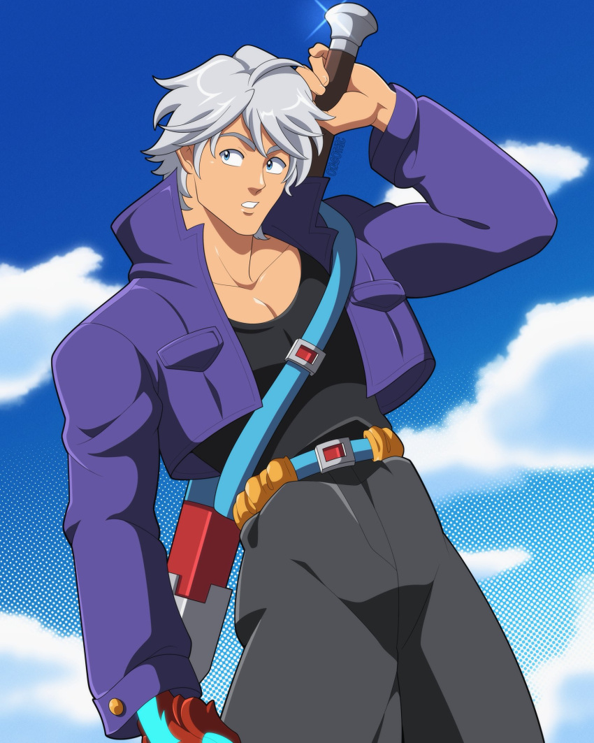 1boy, black_pants, blue_eyes, blue_jacket, blue_sky, clouds, color_connection, commentary