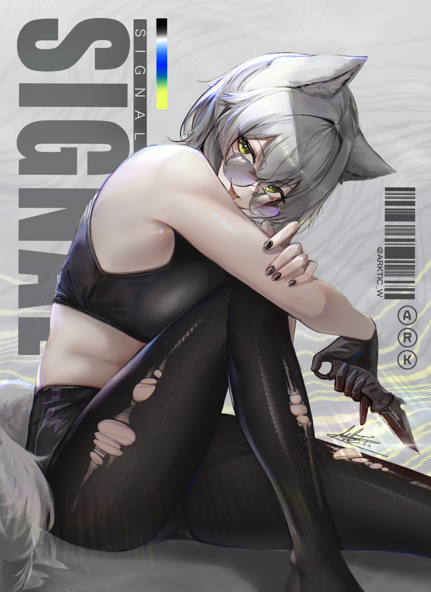 1girl, absurdres, animal_ears, arktic, bare_arms, bare_shoulders, black_gloves, black_nails
