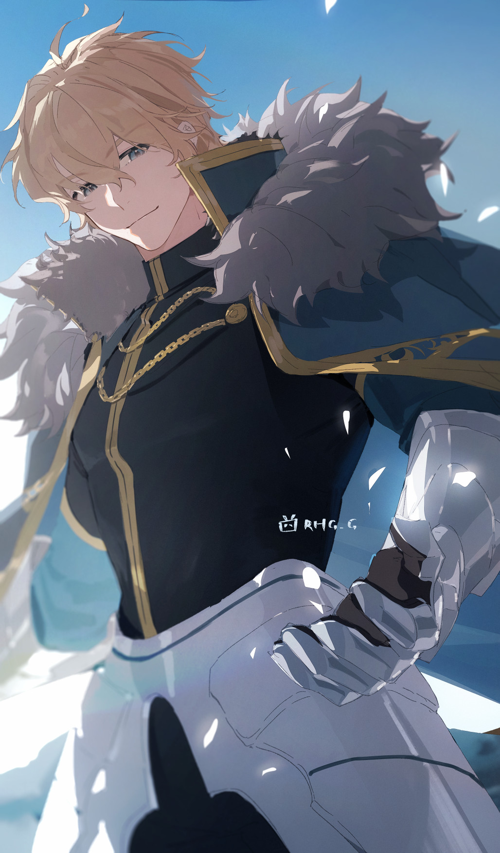 1boy, aiguillette, armor, bilibili_logo, black_shirt, blonde_hair, blue_cape, blue_eyes