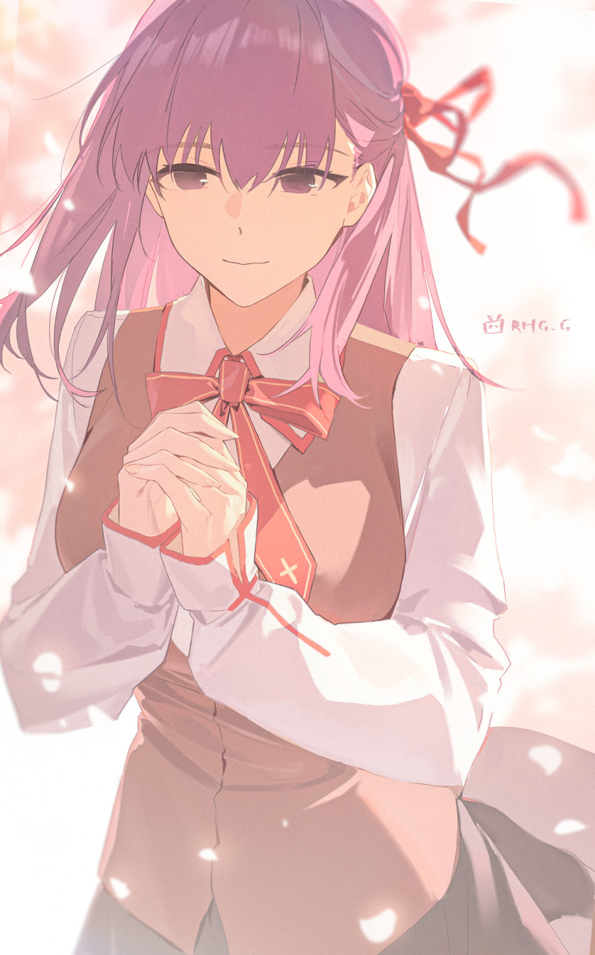 1girl, artist_name, bilibili_logo, black_skirt, blank_eyes, brown_vest, chinese_commentary, collared_shirt, commentary, dress_shirt, falling_petals, fate/stay_night, fate_(series), glowing, glowing_petals, hair_behind_ear, hair_ribbon, highres, homurabara_academy_school_uniform, interlocked_fingers, long_sleeves, looking_at_viewer, matou_sakura, neck_ribbon, own_hands_clasped, own_hands_together, petals, pink_background, purple_hair, red_ribbon, rhg_g, ribbon, school_uniform, shirt, skirt, smile, solo, upper_body, vest, violet_eyes, white_shirt