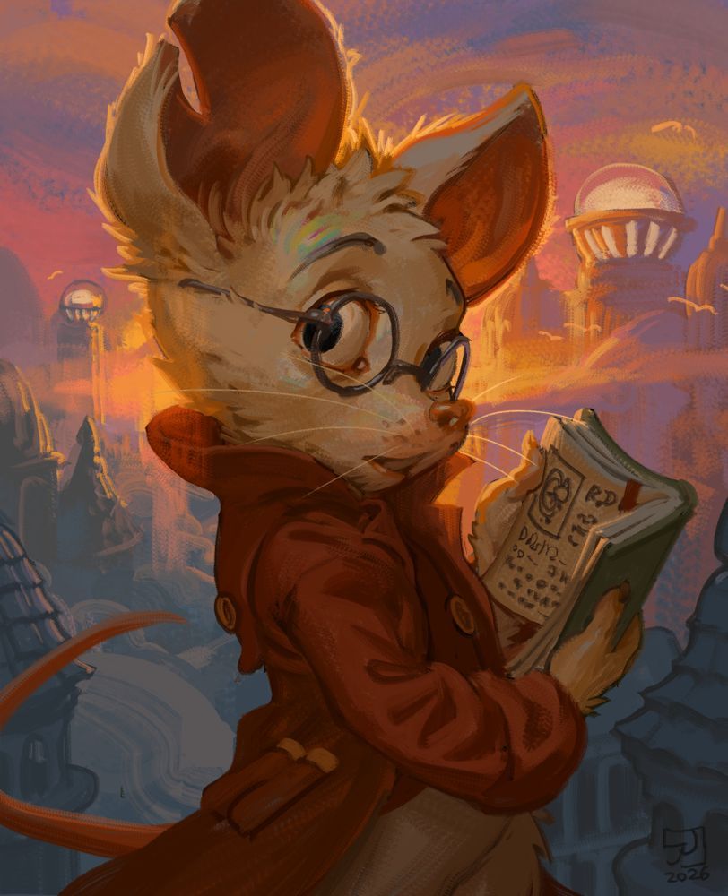 1girl, animal_ears, book, city, coat, english_commentary, furry, furry_female