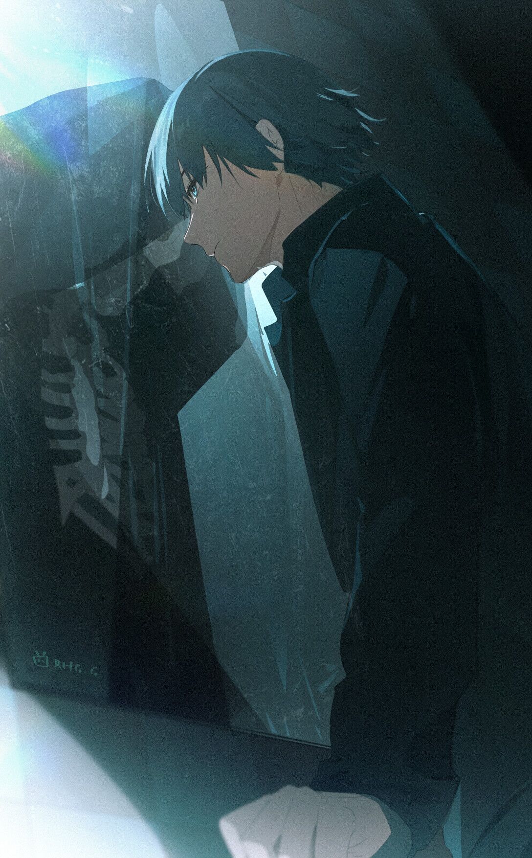 1boy, black_hair, black_jacket, blue_eyes, character_request, chinese_commentary, commentary_request, different_reflection