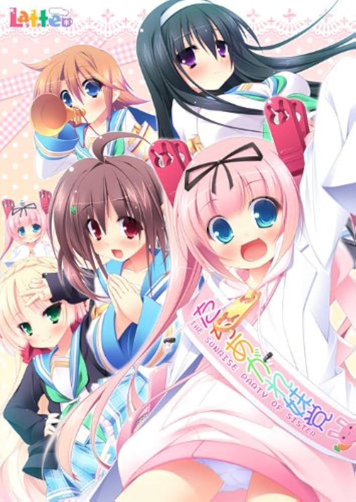 2000s_(style), 5girls, :d, black_hair, black_ribbon, blue_eyes, blush, brown_hair, character_request, hair_ribbon, headband, hood, hoodie, imouto_senbatsu_sousenkyo, multiple_girls, non-web_source, official_art, pink_hair, pink_sash, promotional_art, red_eyes, ribbon, sailor_collar, sash, shoulder_sash, smile, tachibana_artemisia, tachibana_hiiragi, tachibana_kitsuka, tachibana_matsuri, tachibana_yotsuha, violet_eyes, white_hoodie
