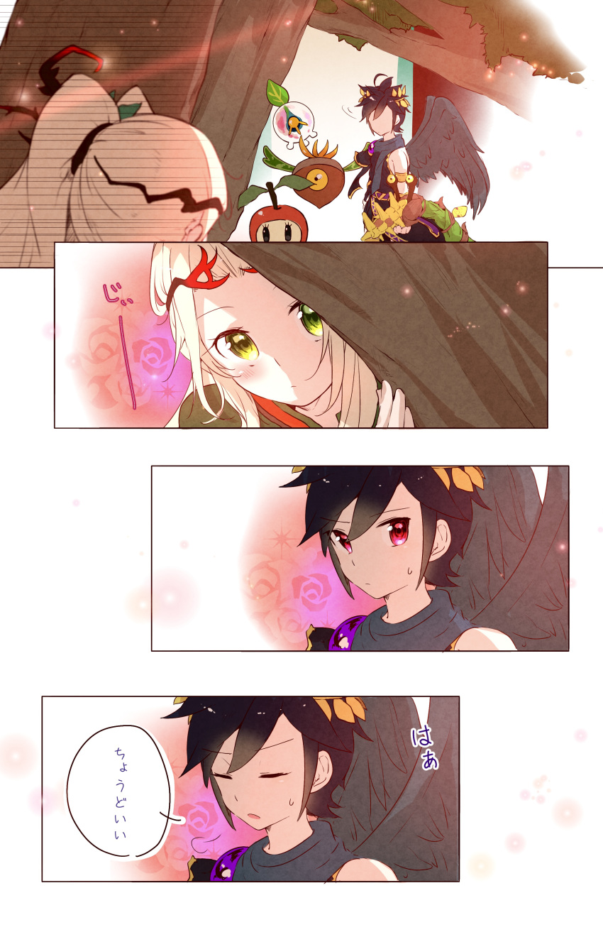 1boy, 1girl, 4others, absurdres, angel, angel_wings, black_wings, blonde_hair